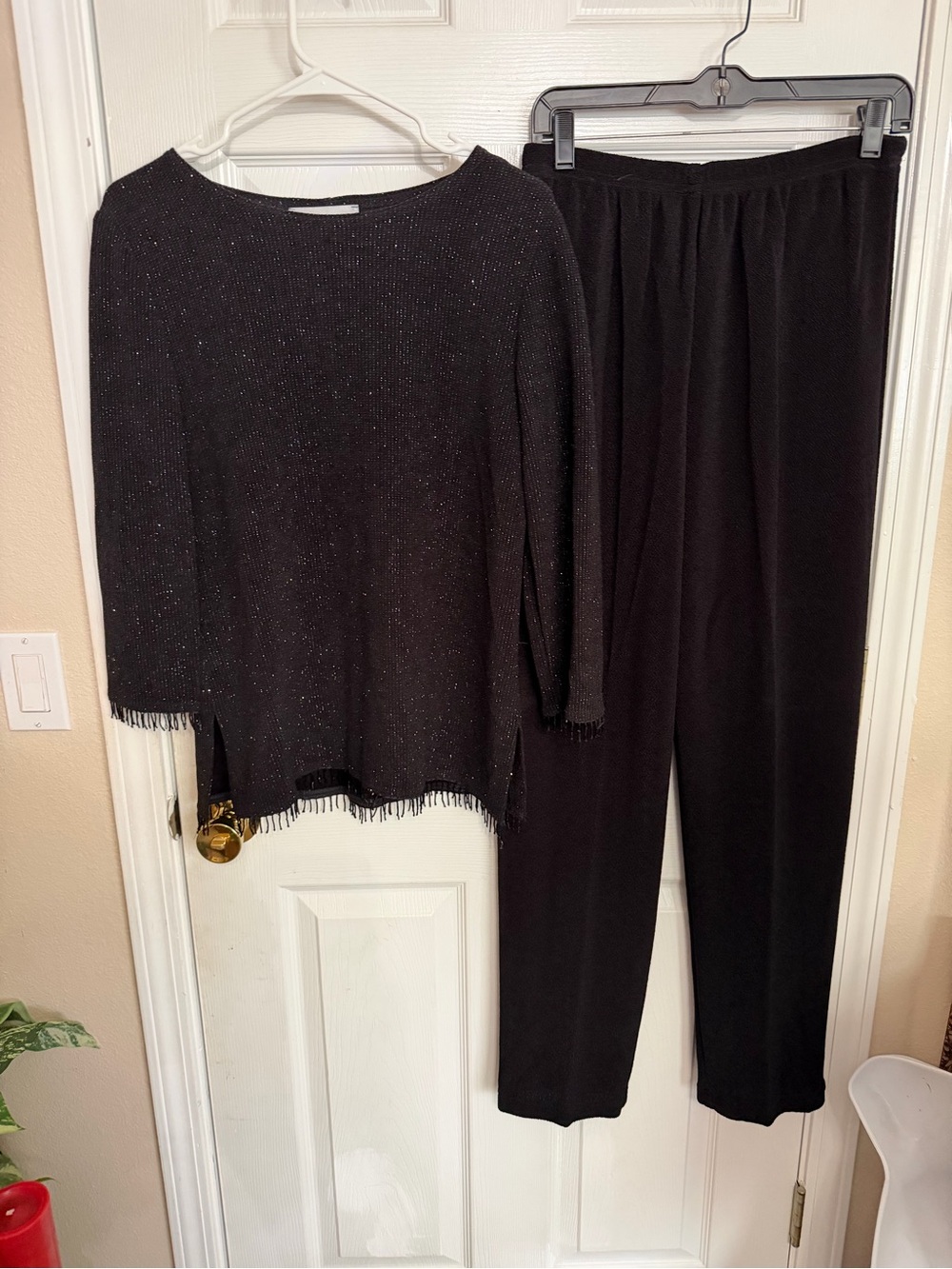 Ronni Nicole Black Sparkle Knit Top with Fringe & Straight-Leg Black Pants